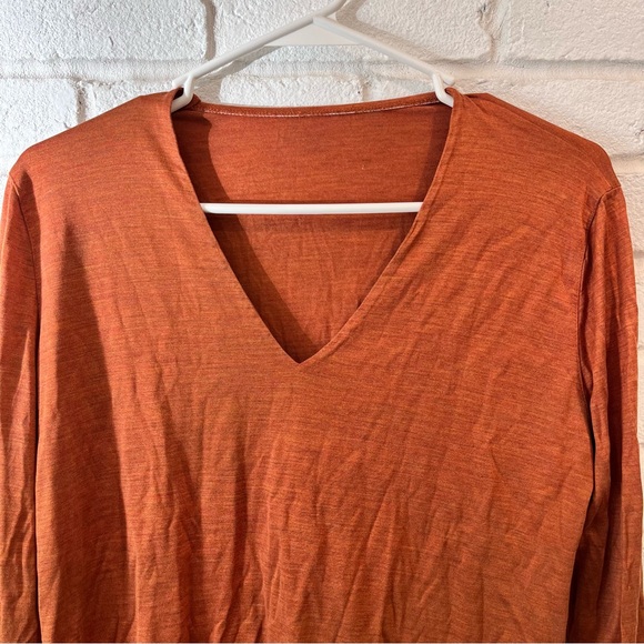 AKRIS Switzerland Burnt Orange 100% Seide Silk Long Sleeve V Neck Shirt medium - Picture 2 of 7